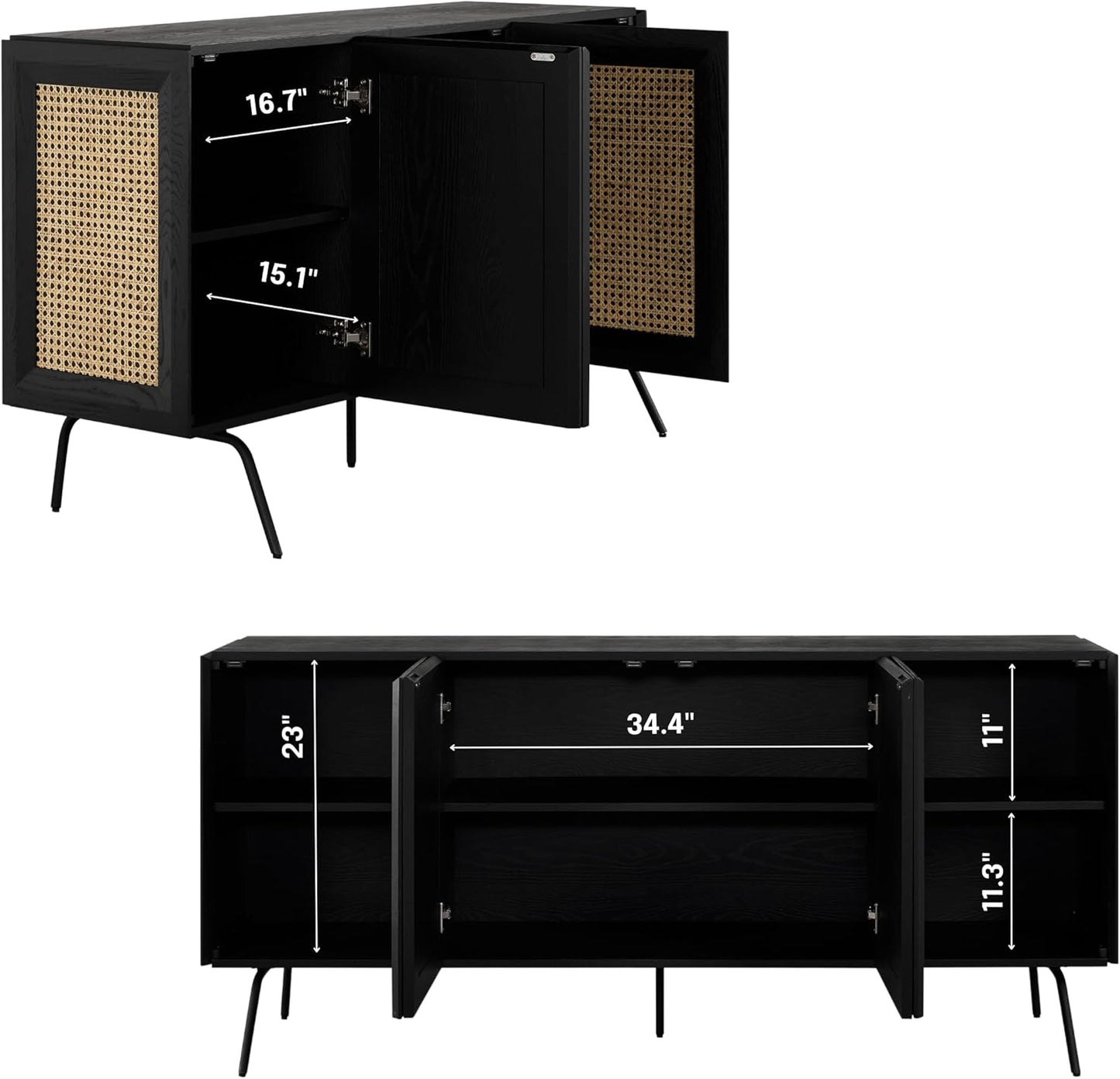 NTC MOSSIC Modern Sideboard with 4 Doors, Natural Rattan Storage Cabinet, Buffet with Metal Legs, Boho Accent Cabinet for Living Room, and Entryway, Effortless Assembly - Burnt Black