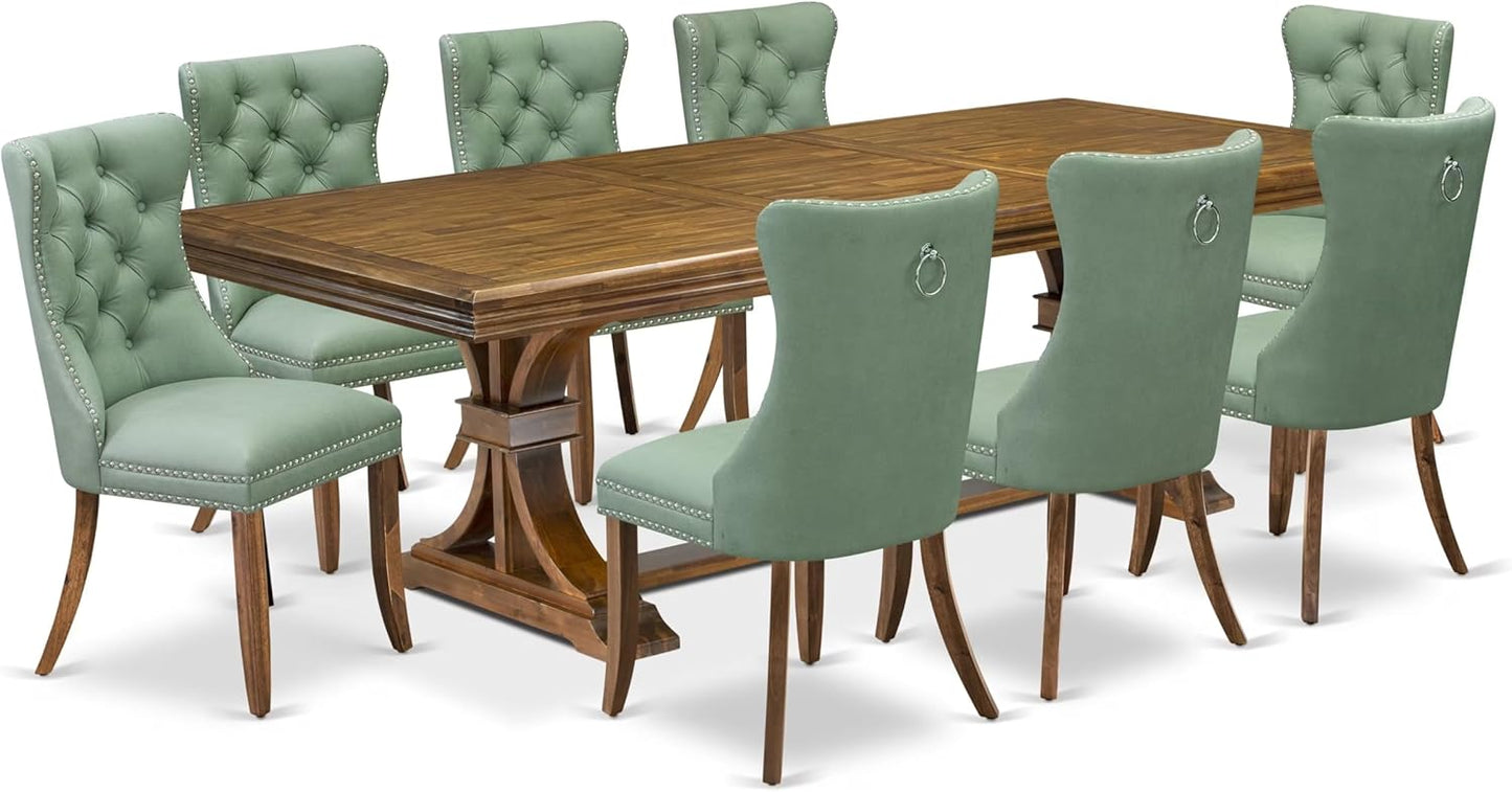NEDA9-AWA-22 9-Piece Modern Dining Table Set Consists of a Kitchen Table and 8 Willow Green Polyester Dining Chairs with Button Tufted Back, 44x100 Inch, Antique Walnut