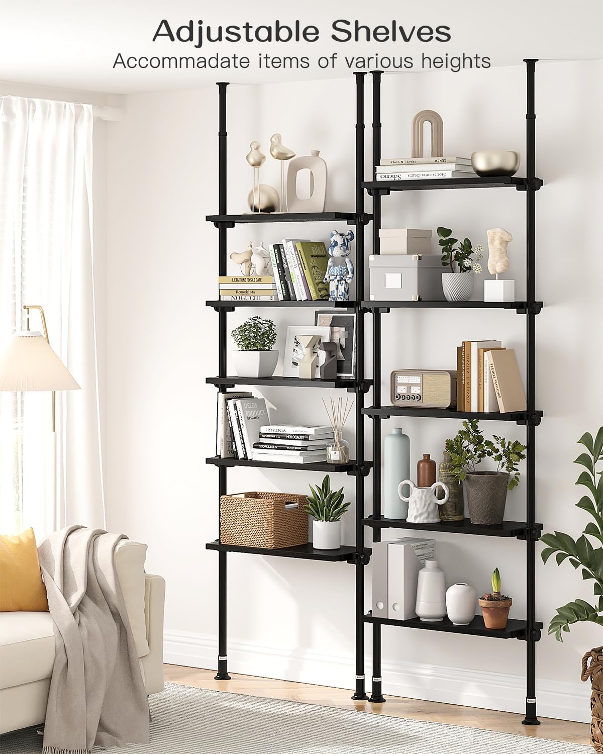 ALLZONE 5 Tiers Narrow Bookshelf, Tall Adjustable Ladder Book Shelf with Open Storage, Floor to Ceiling Tension Mount, Wooden Industrial Bookcase for Living Room, 92 to 116 Inch, Black