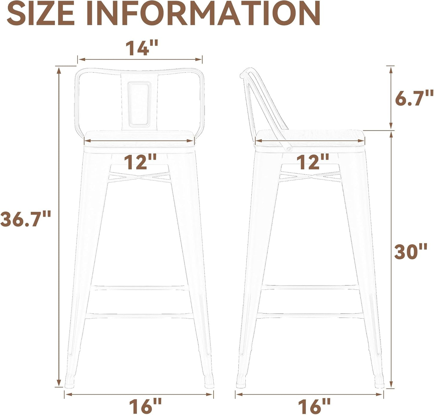 Yongchuang 30 inch Bar Stools Set of 2 Kitchen Bar Height Chairs with Wood Seat Industrial Low Back Metal Barstools Cream White