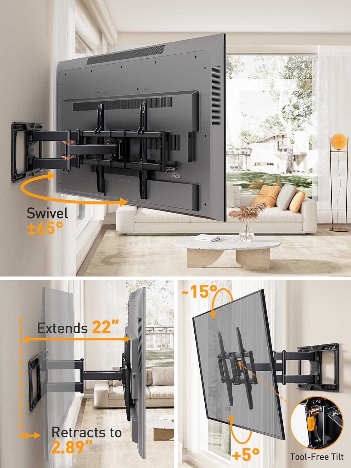 Perlegear UL-Listed Full Motion TV Wall Mount for 42–90 Inch TVs up to 150 lbs, Pre-Assembled TV Mount with Tool-Free Tilt, Swivel, Extension, Max VESA 600 x 400mm, 12″/16″/18″/24″ Wood Studs, PGLF16