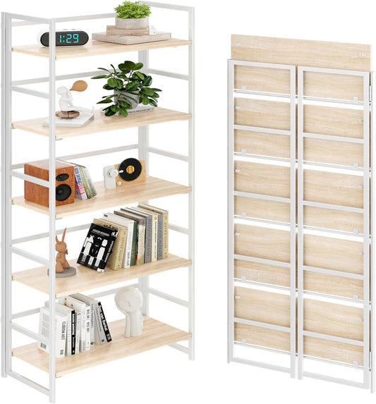 BHG Vintage Multifunctional Folding Bookshelf, No-Assembly Plant Stand Storage Rack Shelves for Home Office (White, 5-Tier)