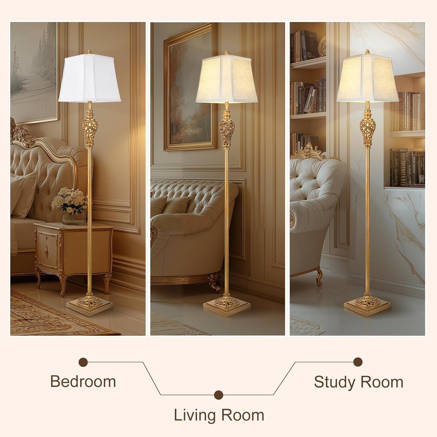 Vintage Farmhouse Floor Lamp with Nightlight, 65" Tall Standing Lamp with White Linen Fabric Shade, Antique Gold Finish, Elegant Reading Corner Light for Living Room, Bedroom, Office (Bulb Included)