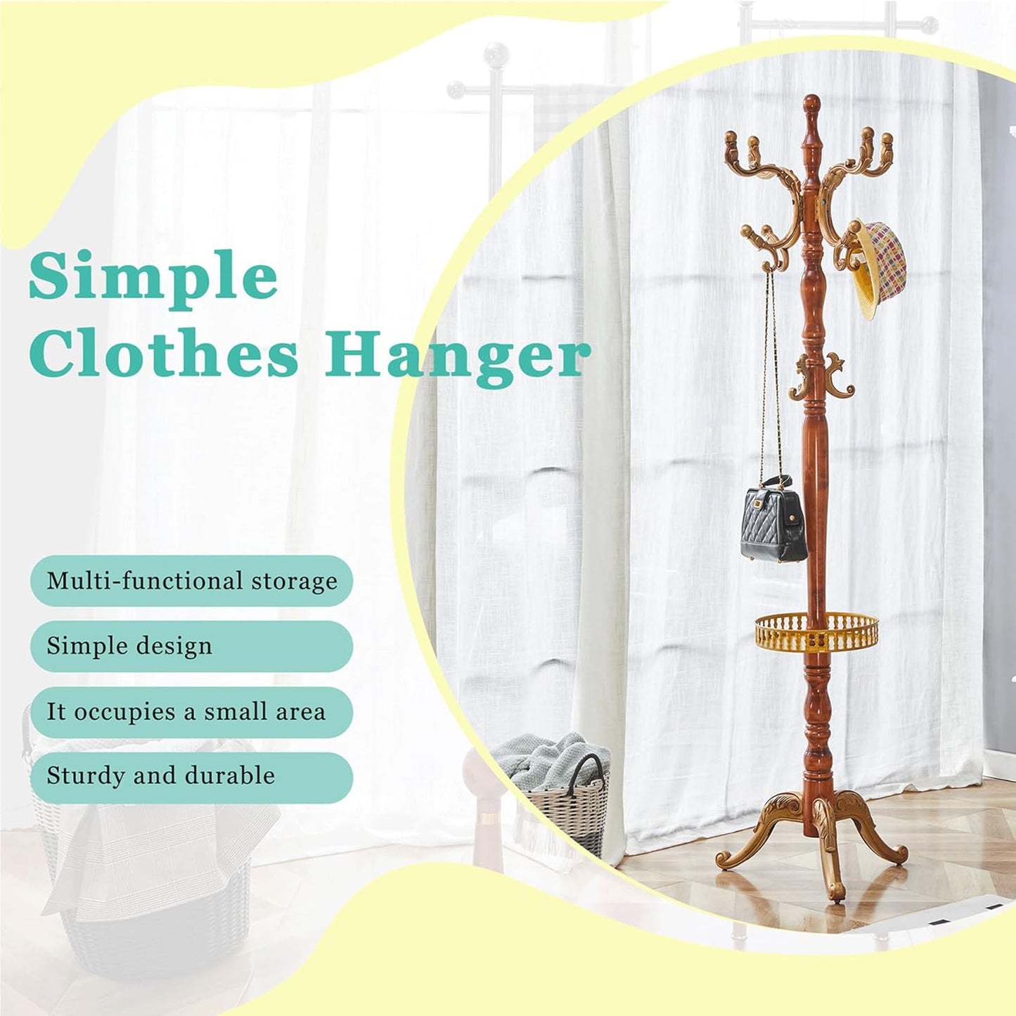 Solid Wood Coat Rack Freestanding, 77" Adjustable Hall Tree Hanger With Hooks, Coat Hanger Stand for Hanging Clothes Bags Hats in Living Room Bedroom