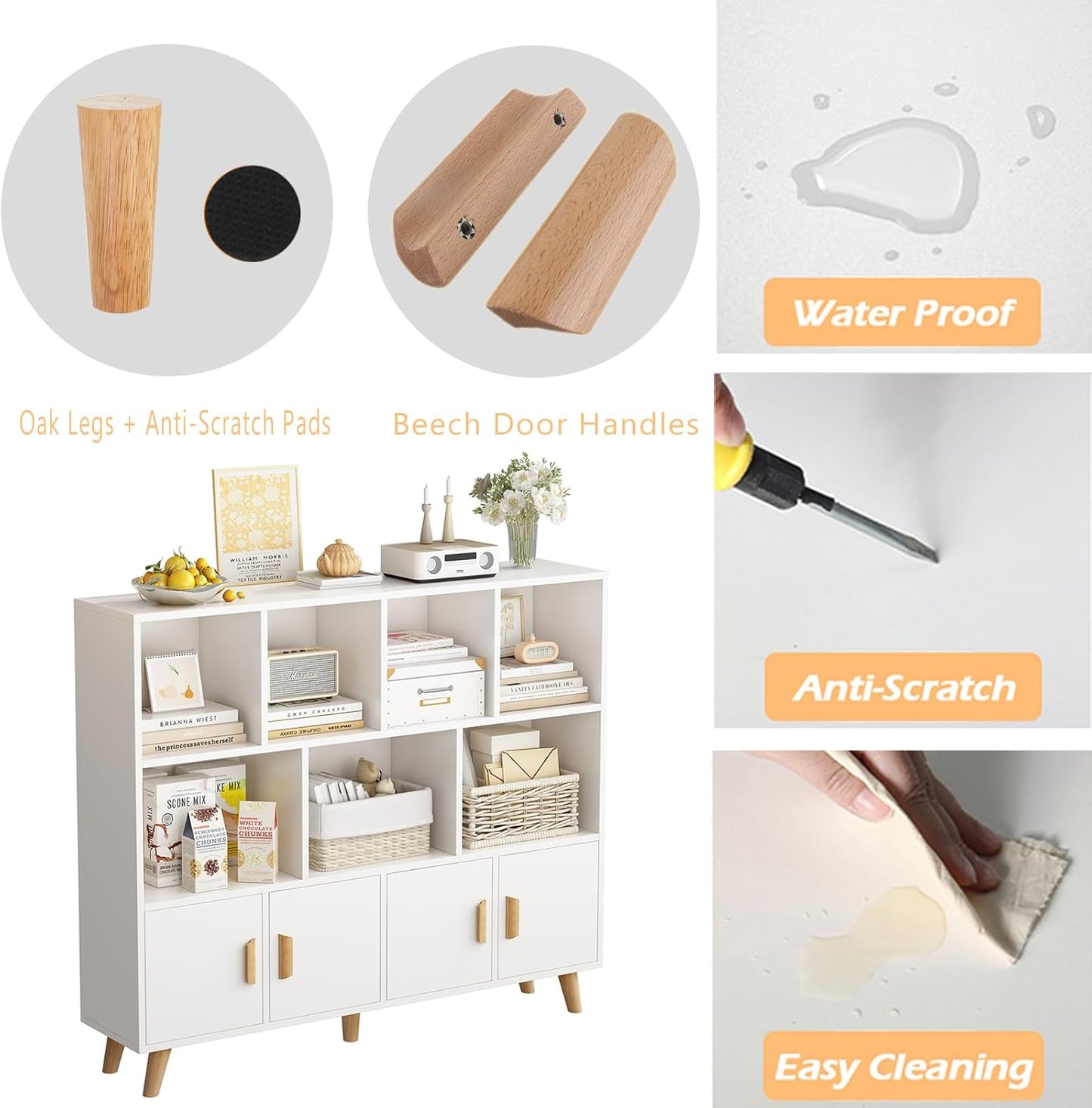 Cubby Shelf Bookcase with Doors - Wooden 11 Cube Floor Standing Open Bookshelf with Solid Wood Legs, 3-Tier Storage Cabinet, Warm White