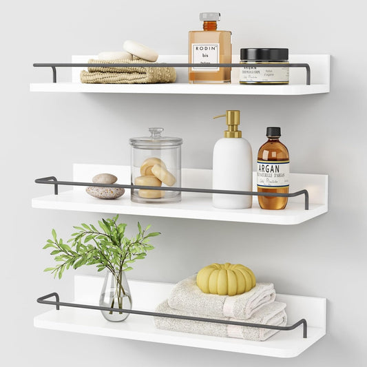 Forbena White Floating Shelves Bathroom Shelves Over Toilet Set of 3, Bathroom Organizers and Storage Shelves Wall Mounted, Modern Wood Corner Wall Shelf for Bedroom Closet -White and Dark Grey