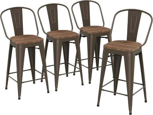 Yongqiang 26 inch Bar Stools Set of 4 Kitchen Counter Height Bar Chairs High Back Metal Barstools with Large Wooden Seat Industrial Rusty