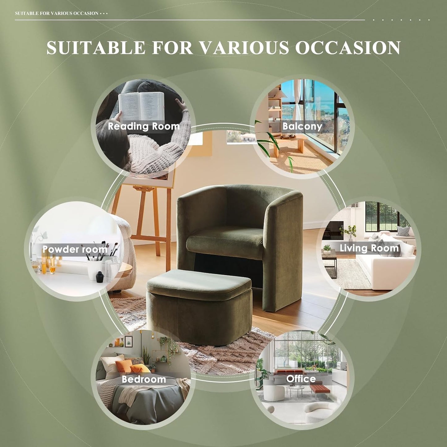 COLAMY Morden Velvet Living Room Side Chair with Storage Ottoman Set of 2, Single Sofa Armchair with Lounge Seat, Upholstered Barrel Accent Chair for Bedroom/Office/Reading Spaces, Green