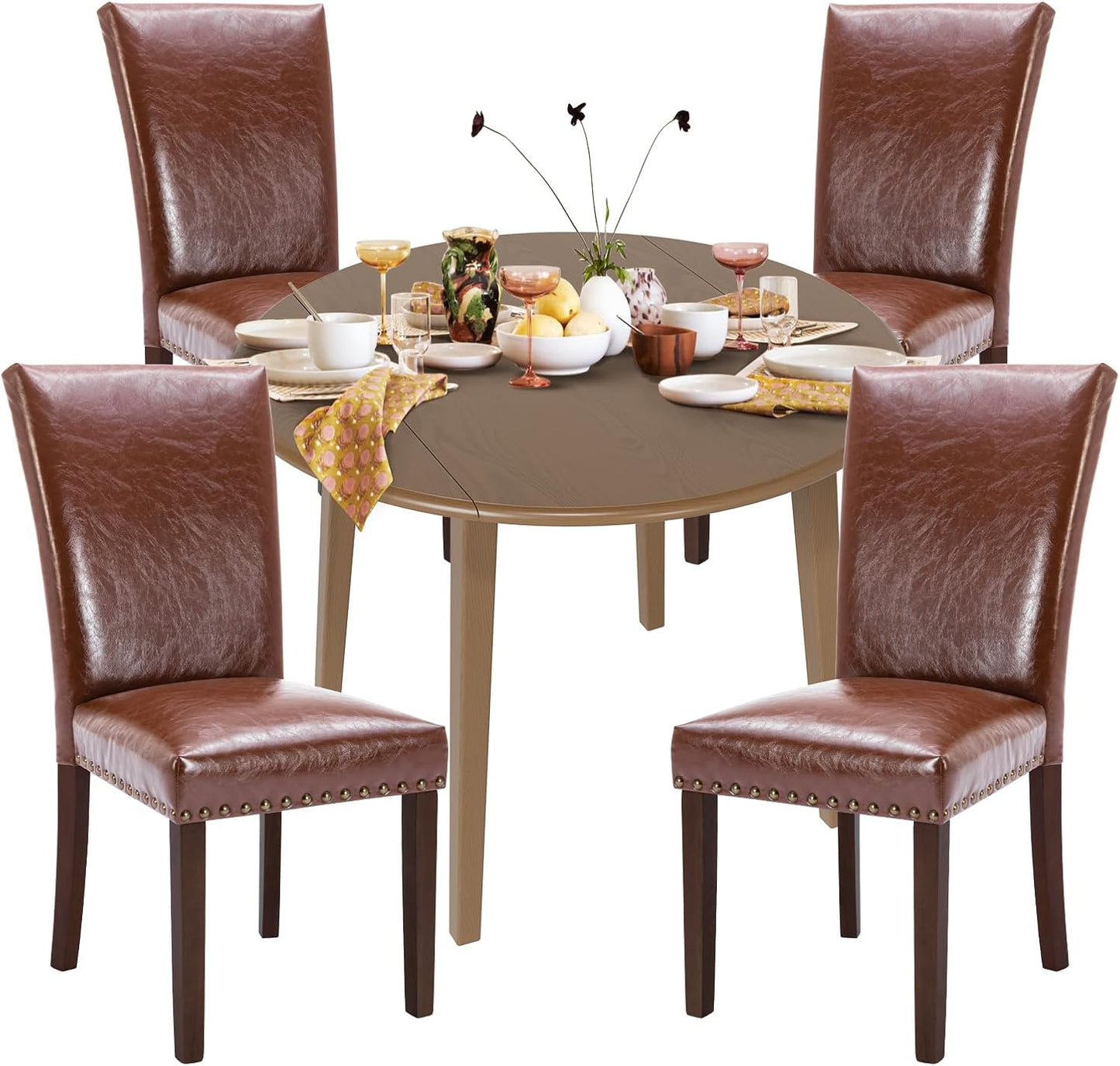 COLAMY 5-Piece Extendable Dining Table Set for 4, 36" Kitchen Round Wood Table with 4 Nailhead Dining Room Chairs,Light Brown/Light Brown