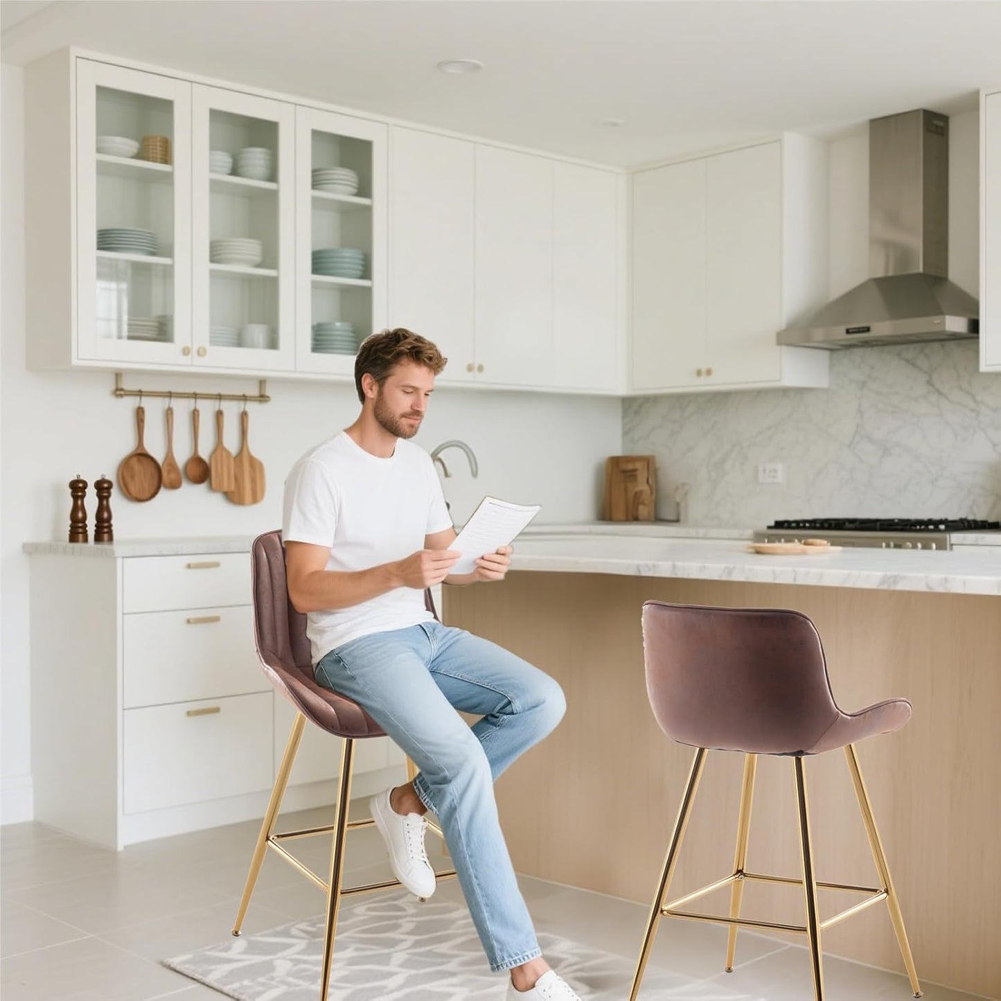 Sidanli Brown Velvet Bar Stools-Set of 2, 24 Inch Bar Stools for Kitchen Counter