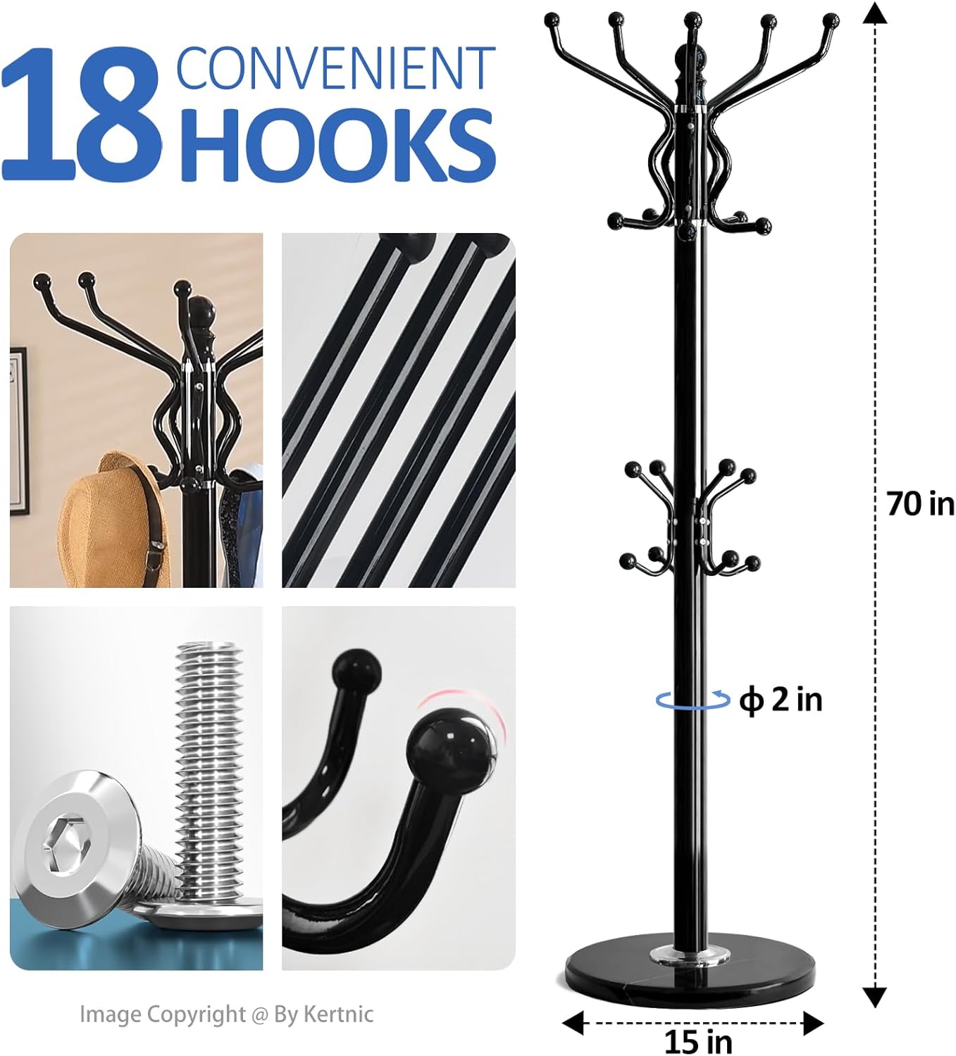 Kertnic Freestanding Coat Rack with 18 Hooks & Marble Base - Heavy Duty Metal Hall Tree Stand for Entryway, Hats, Coats, Bags Rack- Modern Hanger Organizer for Home, Office, Dorm (18 hooks -Black)