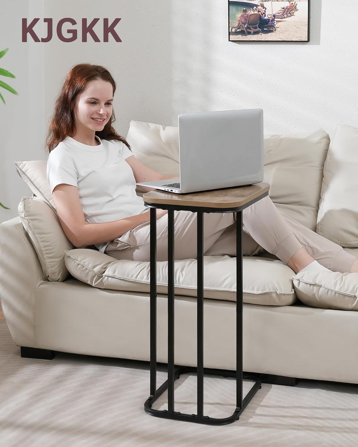 C Shaped End Table, 27 Inches High Small Side Table for Sofa and Bed, Couch Table That Slides Under, Tall Tv Tray Table for Living Room, Bedroom, Metal Frame, Greige & Black