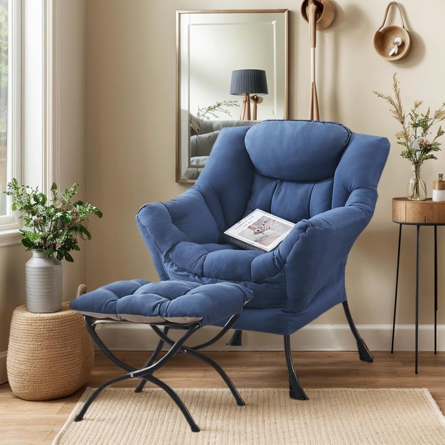 Large Lazy Chair with Ottoman, Accent Reading Chair with a Footrest, Cozy Lounge Armchair, Leisure Sofa Armchair for Living Room, Bedroom, Dorm Room, Office (Royal Blue)