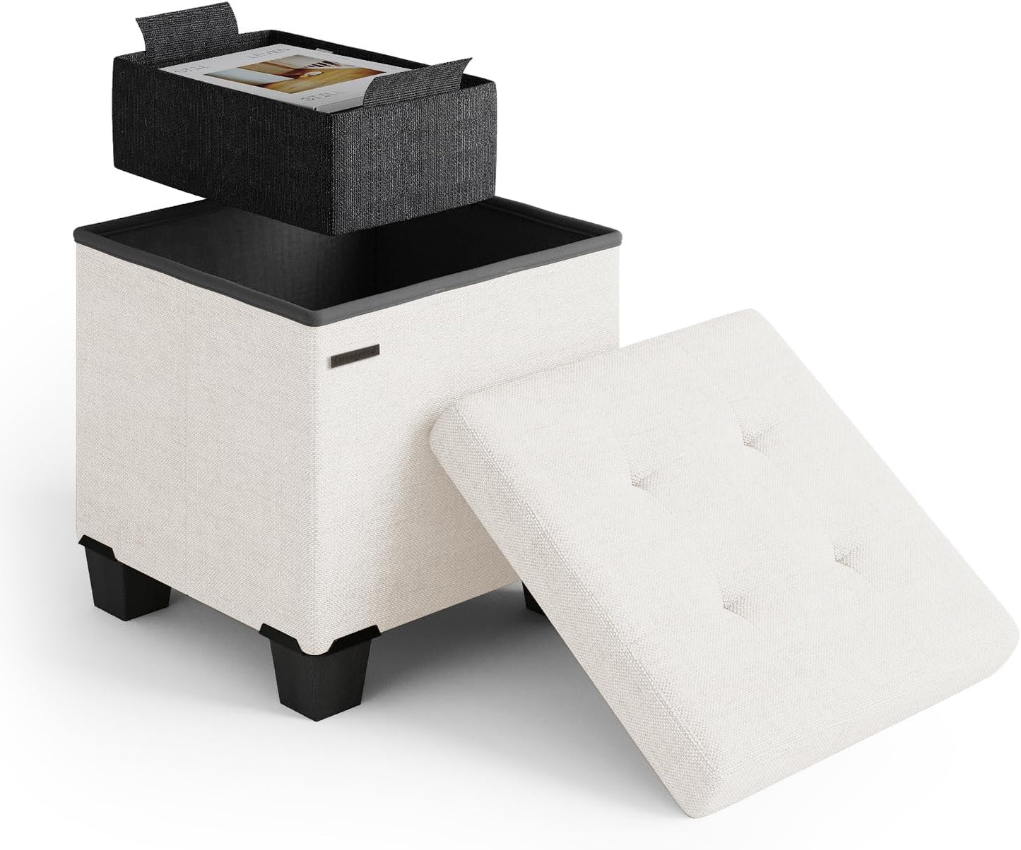 STORAGEBUD Storage Ottoman Cube with Small Bin, 16-in Square Ottoman with Storage for Living Room and Bedroom, Small Ottomans Foot Rest, Fabric Foot Stools Ottomans Max 330lbs, Cream