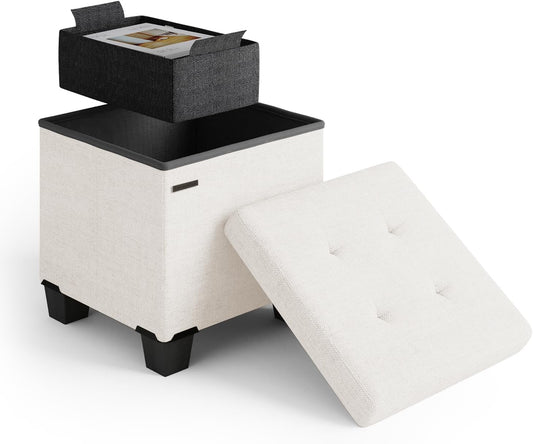 STORAGEBUD Storage Ottoman Cube with Small Bin, 16-in Square Ottoman with Storage for Living Room and Bedroom, Small Ottomans Foot Rest, Fabric Foot Stools Ottomans Max 330lbs, Cream