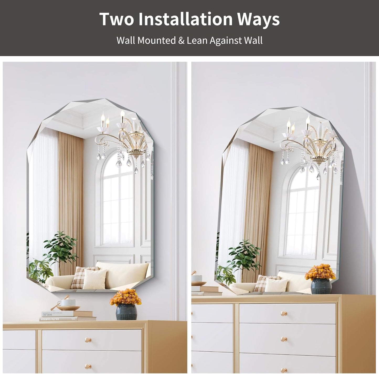 KOCUUY 24"x36" Frameless Mirror, Arched Shape with Diamond-Shaped Beveled Edge,Unframed Decorative with Upgraded Shatterproof Glass,Unique Frameless Mirror for Bathroom,Living Room,Bedroom