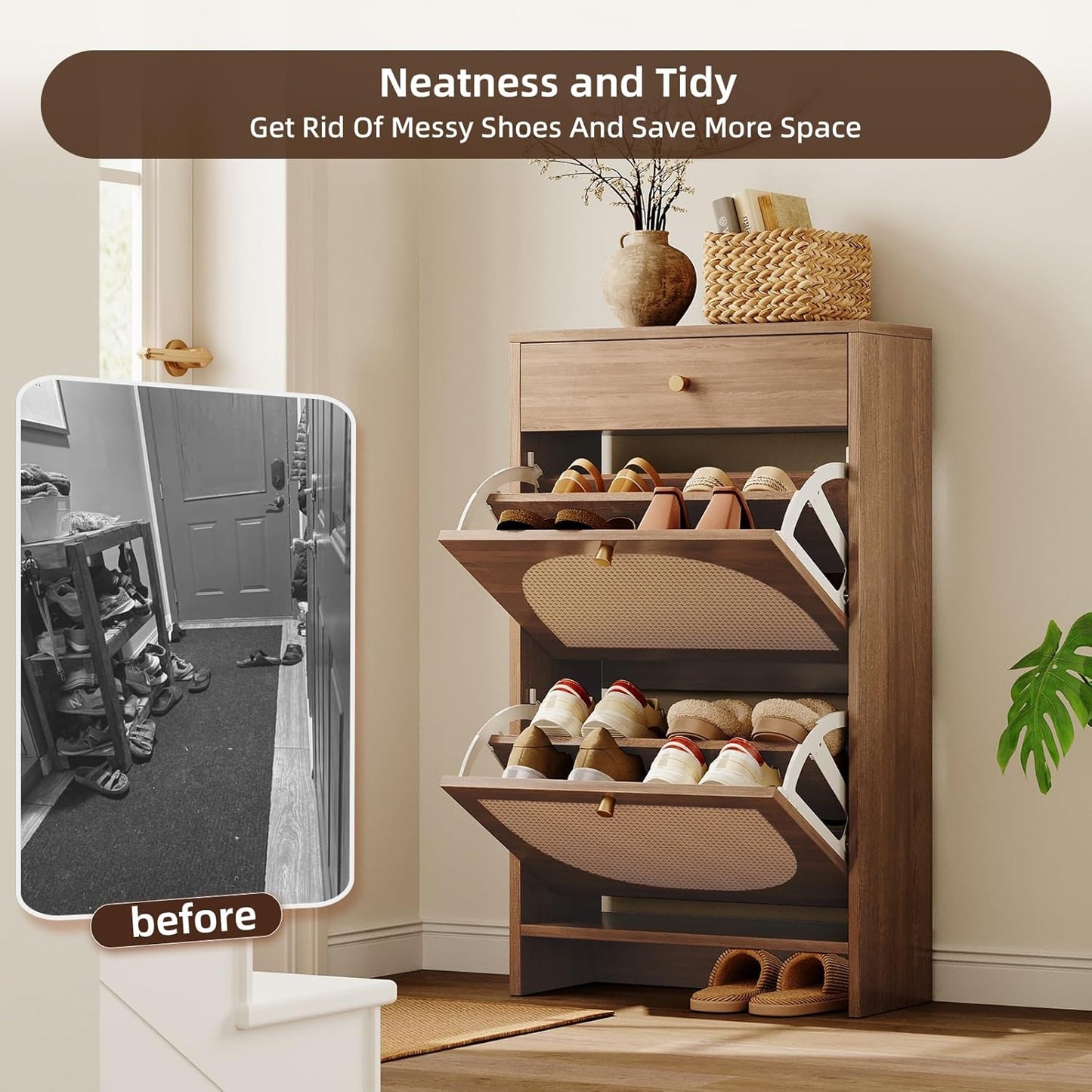 Nicetree Shoe Storage Organizer with 2 Flip Drawers and 1 Drawer, Freestanding Fluted Accent Narrow Shoe Rack, Farmhouse Shoe Cabinet with 3-Tier Adjustable Shelves for Hallway Foyer Rustic