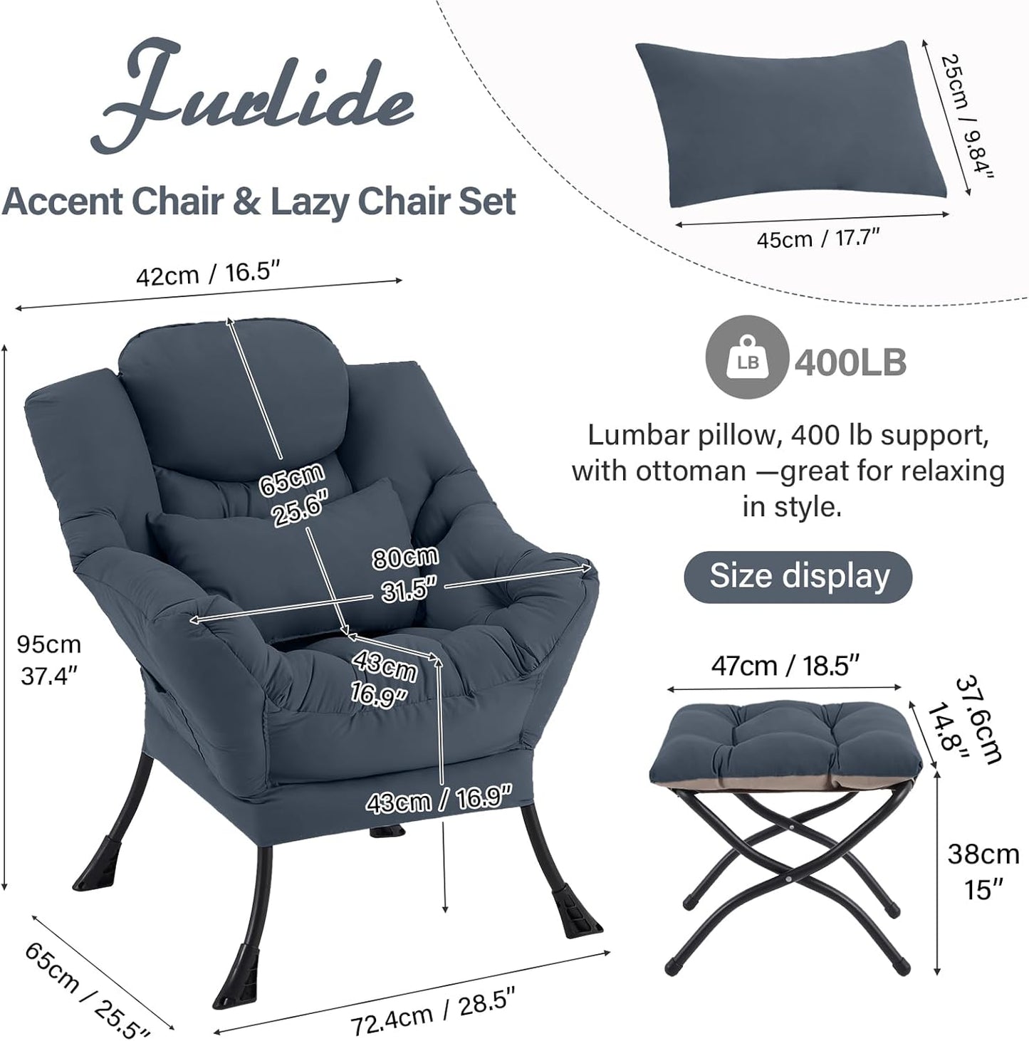 Lazy Chair with Ottoman, Modern Lounge Chair with Lumbar Pillow, Accent Cozy Reading Armchair and Folding Footstool for Bedroom, Dorm, Living Room,Navy