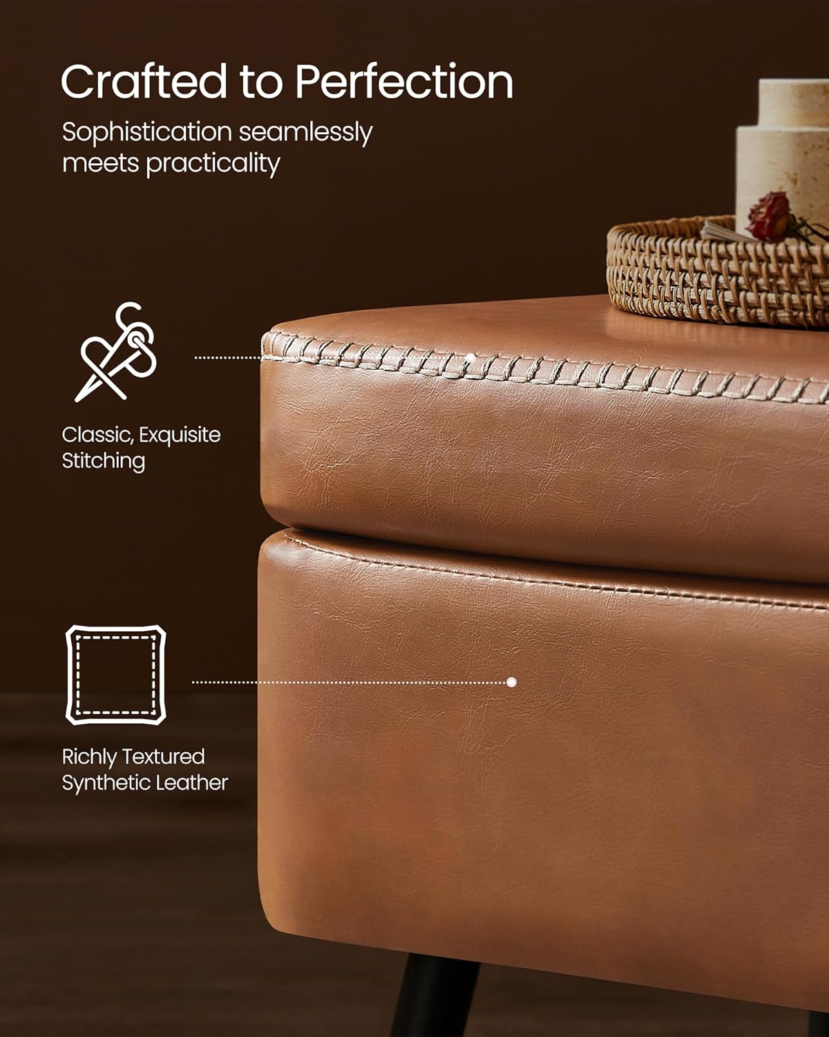VASAGLE EKHO Collection - Storage Ottoman Bench, Entryway Bedroom Bench, 15 Gallons, Synthetic Leather with Stitching, Mid-Century Modern, Safety Hinges, Loads 660 lb, Caramel Brown ULOM074K01