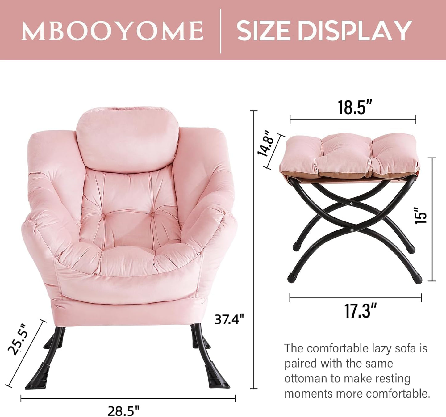 Lazy Chair with Folding Ottoman, Modern Accent Lounge Armchair with Armrests and a Side Pocket & Foldable Footstool, Leisure Reading Chair for Living Room, Bedroom, Dorm & Office, Velvet Pink