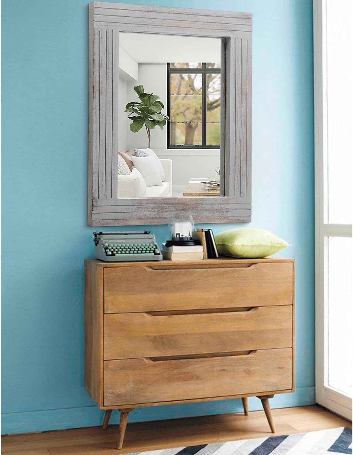 Large Rustic Wall Mirror, Rectangular Vintage Wood Framed Large Mirror Deco Farmhouse Living Room Bathroom Bedroom Entrance Mirror Light Gray 26" x 18"