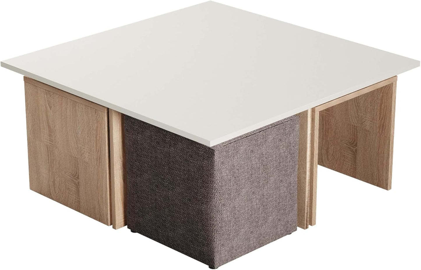 Manhattan Comfort Haley Mid Century Modern Coffee Table & Ottoman Set with Nested Design for Small Spaces, Versatile Living Room Furniture, Accent Decor, Natural and Nude
