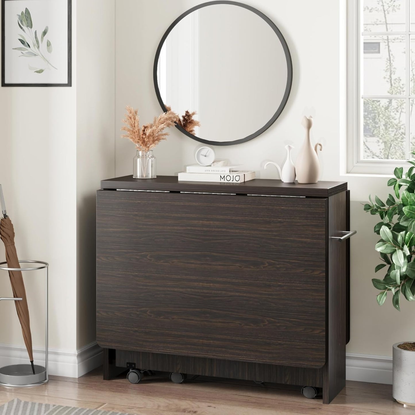 IDEALHOUSE Folding Dining Table, Drop Leaf Dining Table with 6 Wheels and 2-Layer Storage Shelf, Space Saving Dining Table for Small Spaces (Dark Walnut, 47.2" D x 23.6" W x 29.5" H)