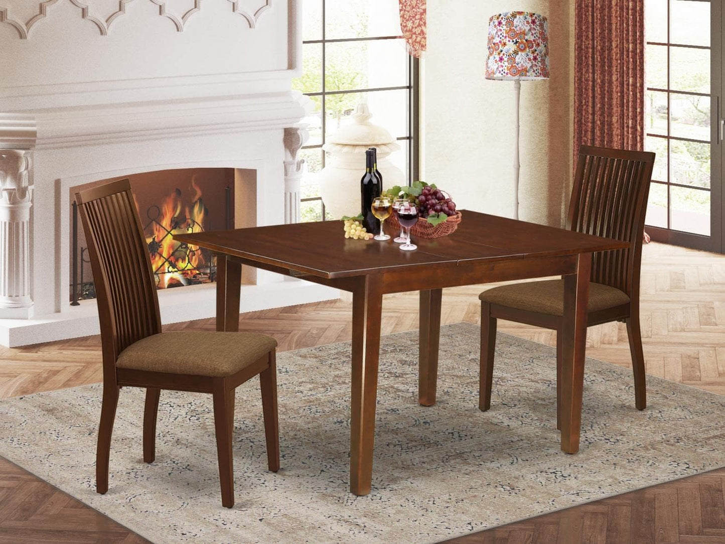 East West Furniture MLIP3-MAH-C 3 Piece Dining Table Set Contains a Rectangle Dining Room Table with Butterfly Leaf and 2 Linen Fabric Upholstered Chairs, 36x54 Inch, Mahogany