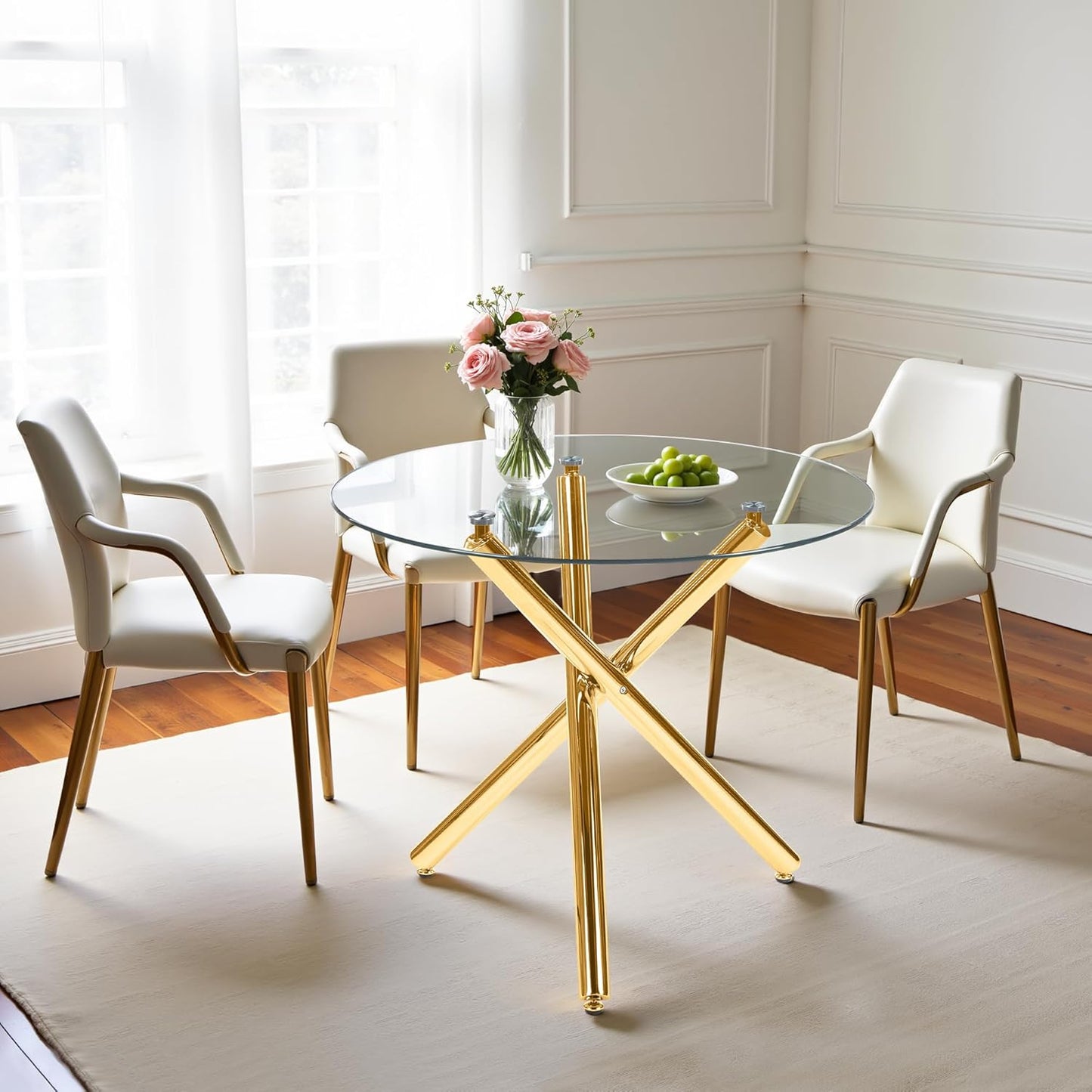 Kitchen Table Classic Dining Table for 4 Round Glass Dining Table 35.4" Kitchen & Dining Room Tables with Metal Legs and Glass Tabletop for Dining Room and Apartment, Golden