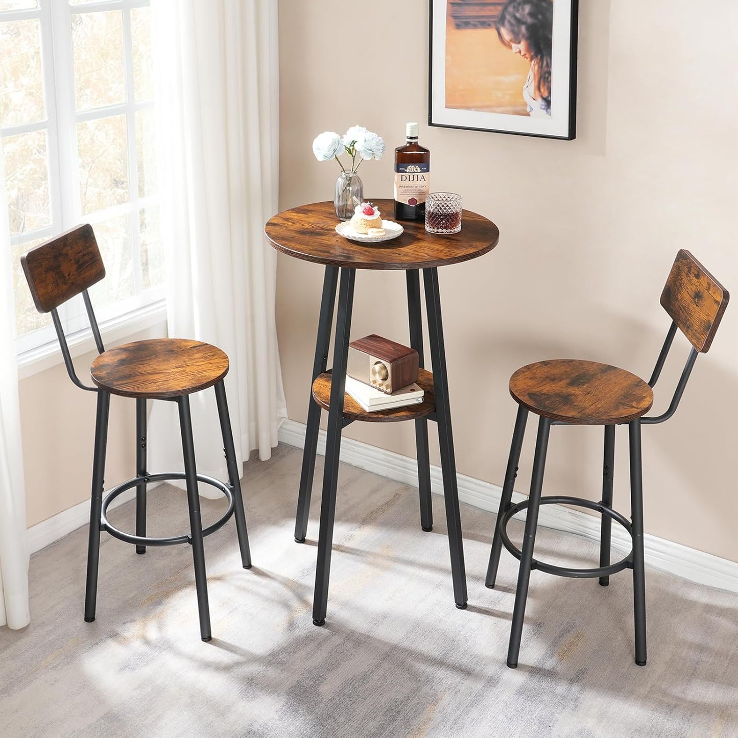 HOOBRO 3 Pieces Round Bar Height Table and Chairs Set, Round Dining Table Set, Pub Table and Chairs for Small Space, 2 Tier Kitchen Table and Bar Stools with Back, Rustic Brown BF35BT01