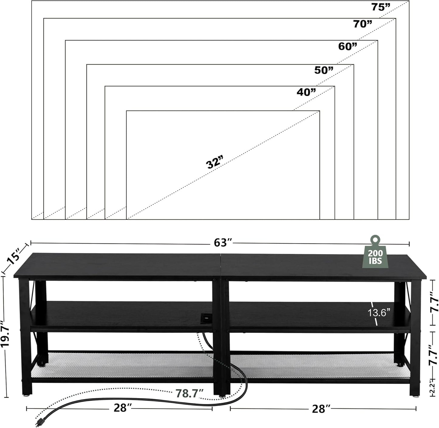 Clikuutory Modern Black 63 inch Metal TV Stand with LED Lights and Power Outlets for 40 50 55 60 65 70 Inch TVs, 3 Tier Television Stands with Entertainment Center and Storage for Living Room, Bedroom