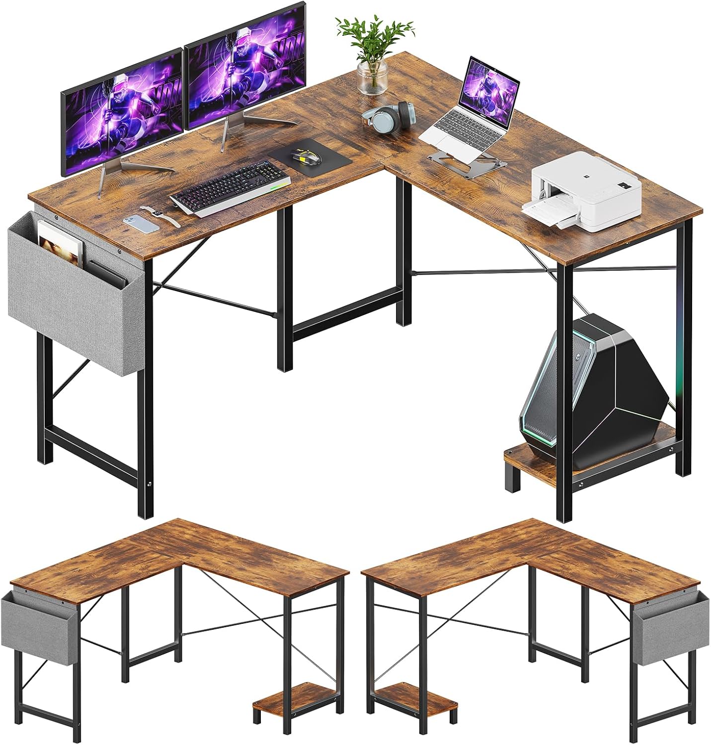 Sweetcrispy L Shaped Desk - Computer Corner Gaming PC Table with CPU Stand Side Bag for Home Office Dorm Sturdy Writing Workstation