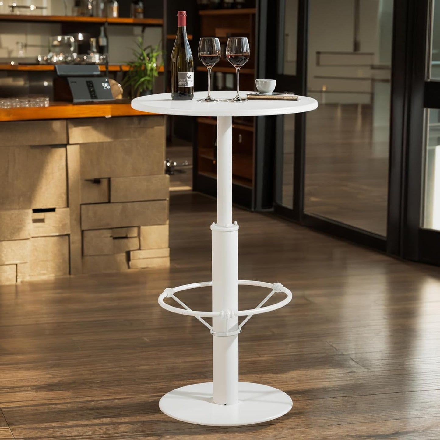 42" Tall Modern Industrial Bar Table-23.6" Dia Round Metal Top Standing Pub Cocktail Bistro Table-Indoor Outdoor Patio-Commercial Grade, Heavy Duty (White)