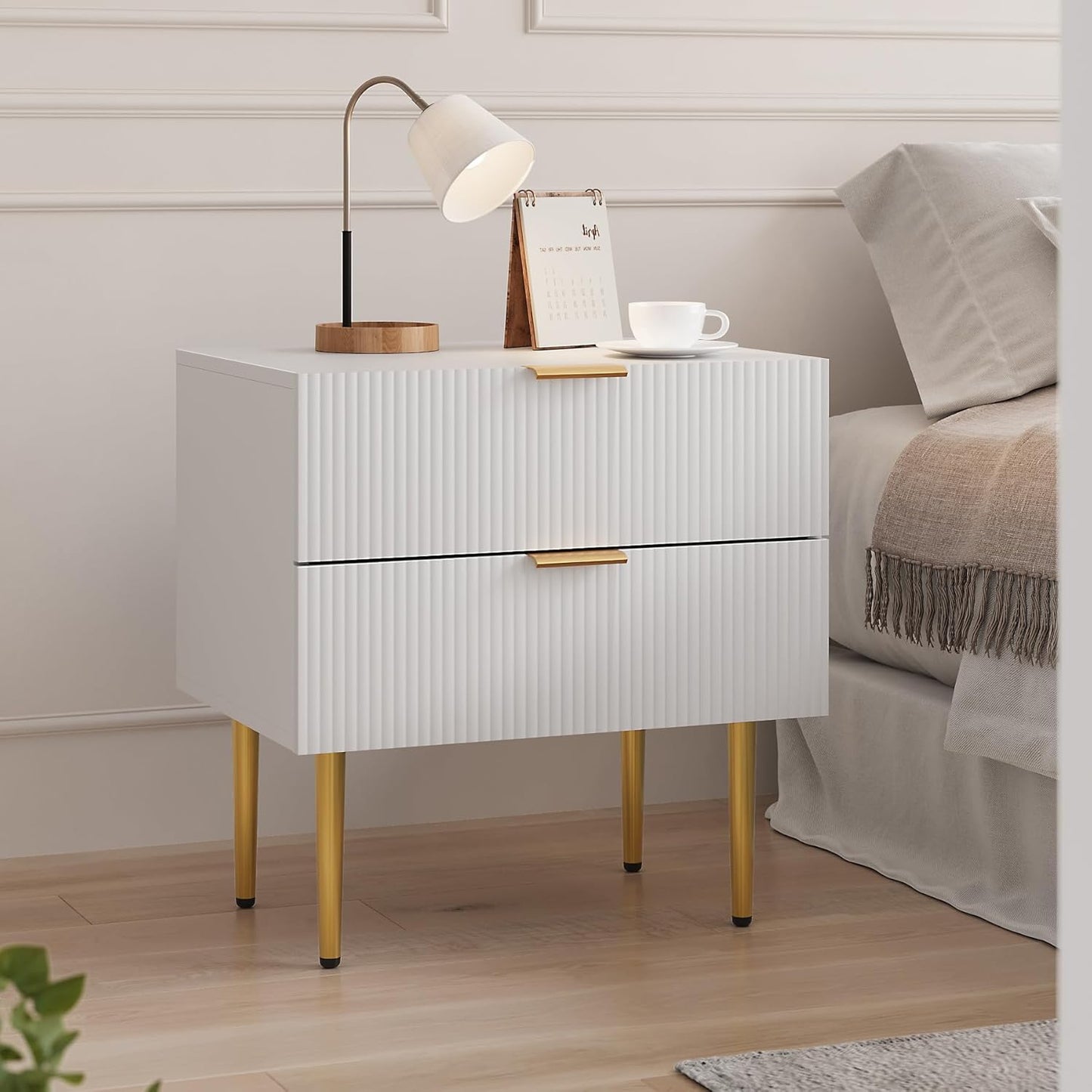 Nightstand, White Night Stand with Fluted Panel, Bedside Table with 2 Drawer, Large Mid Century Modern Nightstand with Gold Leg, End Tables for Bedroom