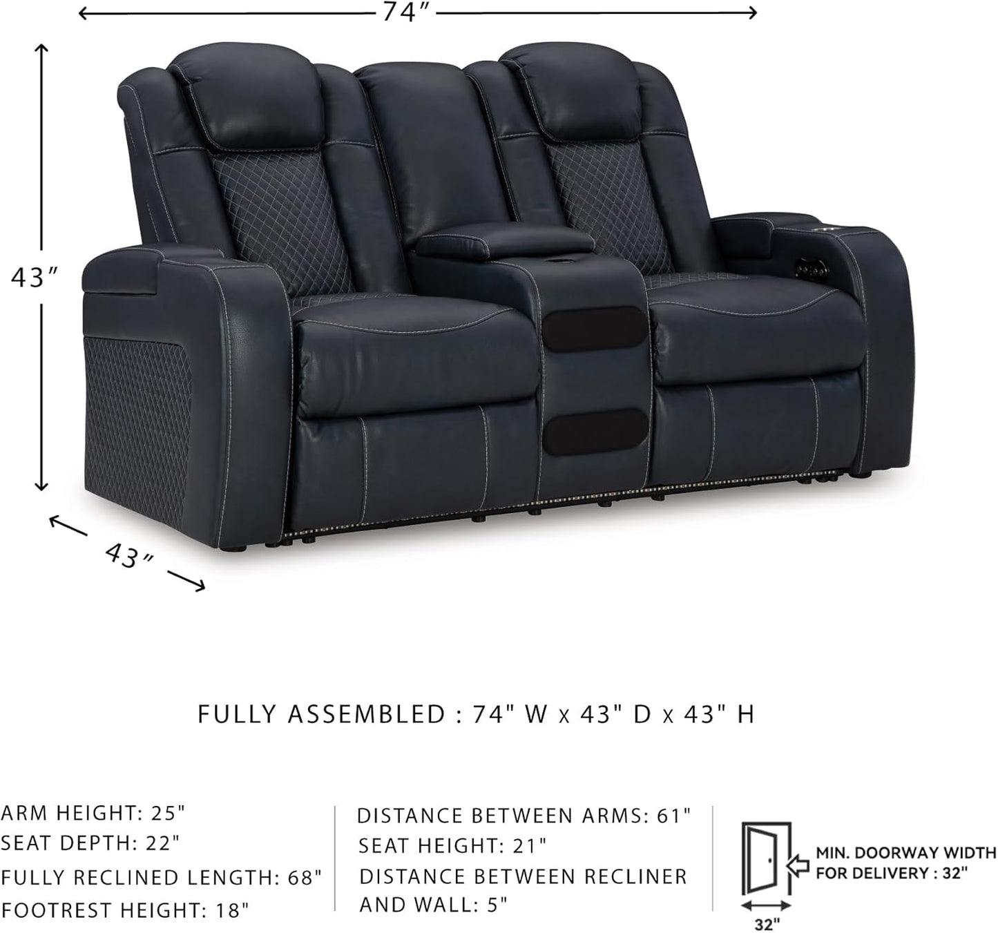 Signature Design by Ashley Fyne-Dyme Contemporary Power Reclining Loveseat with Console, USB Charging Ports and Adjustable Headrest, Blue