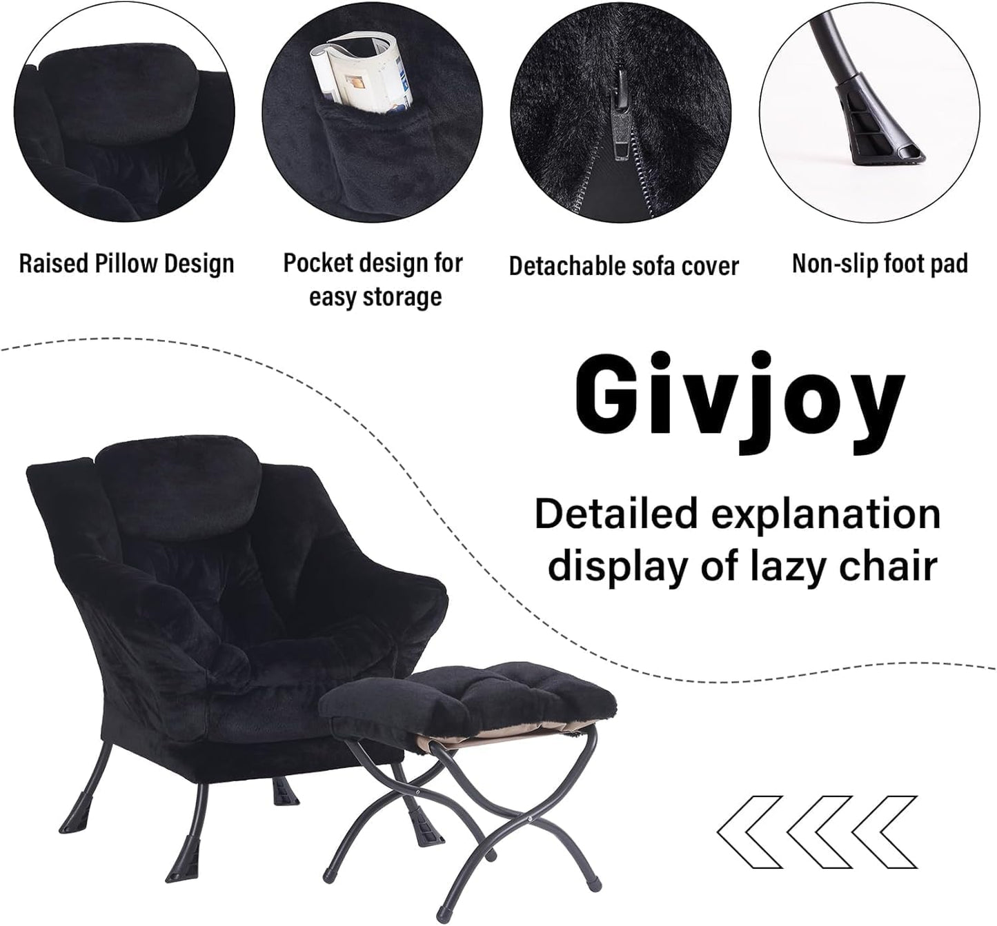 Plush Lazy Chair and Ottoman, Large Contemporary Accent Lounge Chair with Armrests and a Side Pocket, Modern Leisure Upholstered Sofa Reading Armchair with Footrest for Bedroom, Living Room