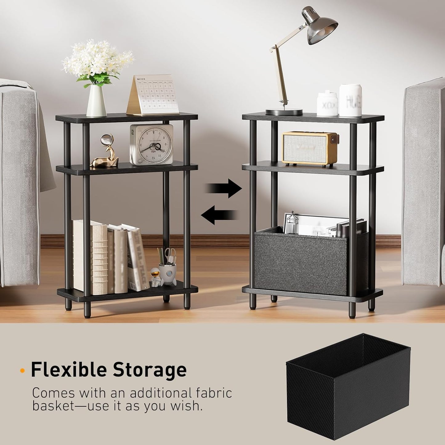 Narrow Side Table with Fabric Basket, 7" Wide, 3 Tier Skinny End Table with Wood Legs, Slim Nightstand/Bedside Table for Small Spaces, with Adjustable Feet, 15.7" L x 23" H