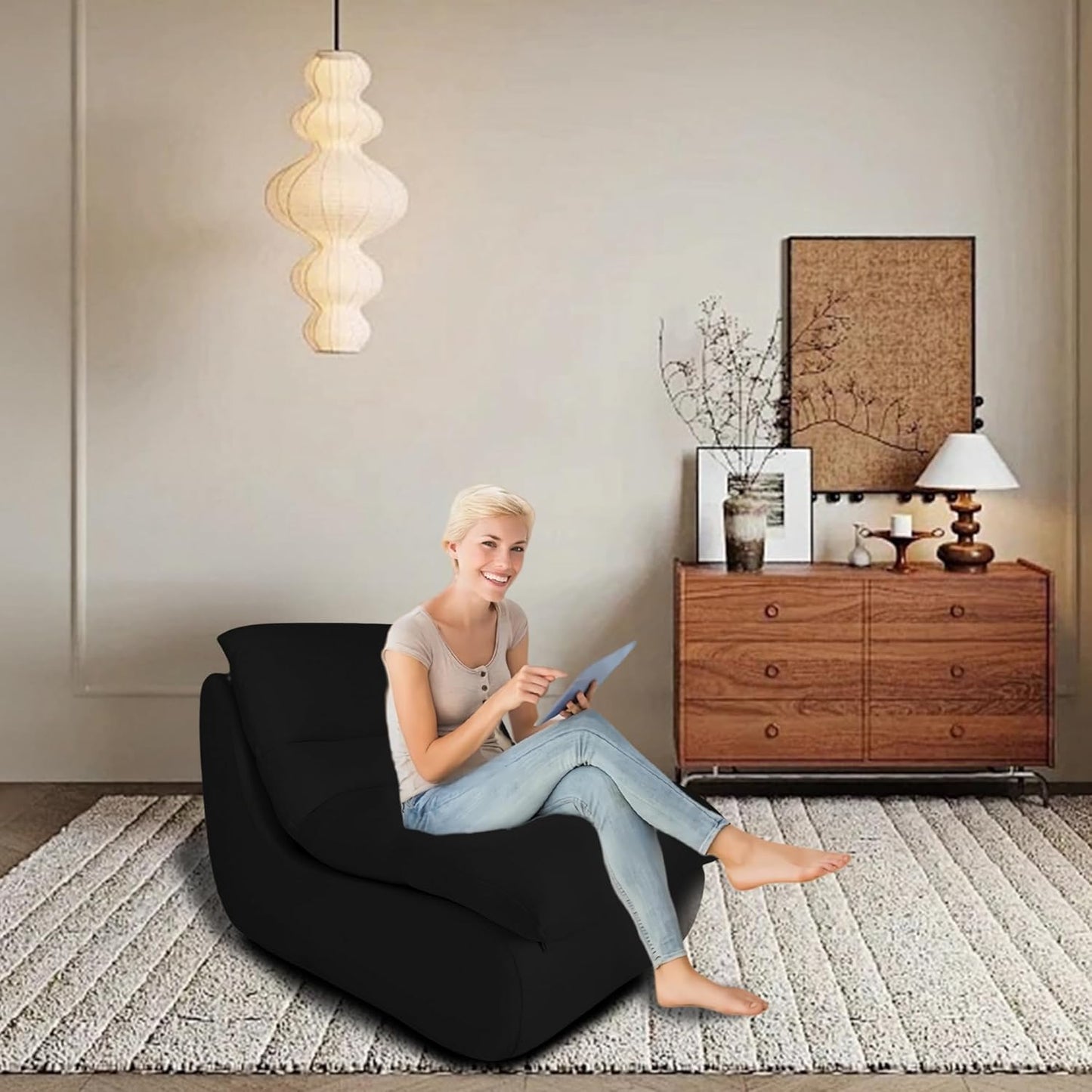 Bean Bag Chair - Memory Foam Bean Bag Chair for Adults, Comfy High-Resilience Single Sofa, Small Space Floor Chair, Chaise Lounge for Living Room, Bedroom (Black, Cushions)