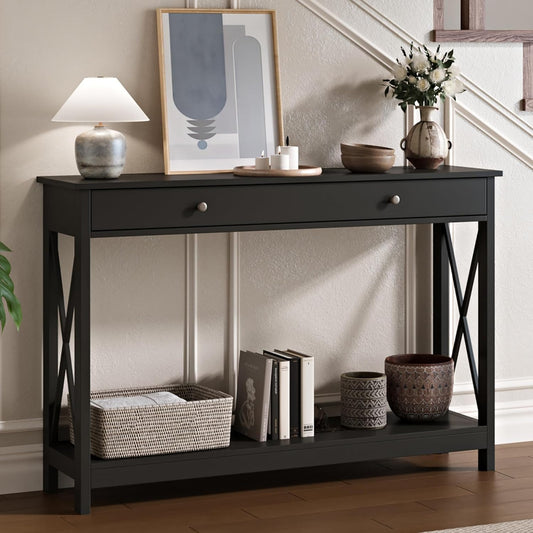 Treocho 47" Farmhouse Console Table with Drawer and Storage Shelves, Foyer Sofa Table Narrow for Entryway, Living Room, Hallway, Black