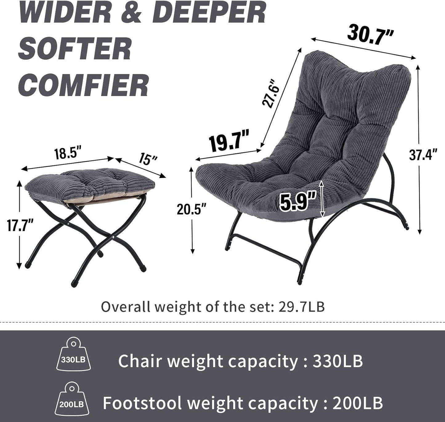 Welnow Accent Chair with Ottoman, Lounge Comfy Soft Leisure Metal Frame Reading Chair with Footrest, Upholstered Thick Cushion Seated Recliner Sofa for Living Room, Bedroom, Dorm, Dark