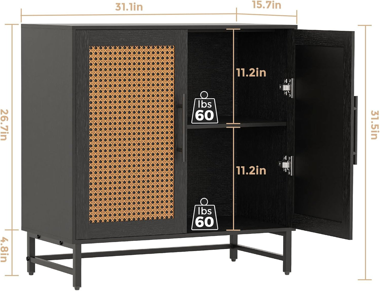 KFO Storage Cabinet with Rattan Doors, Free Standing Buffet Cabinet, Modern Sideboard for Living Room, Hallyway, Entryway