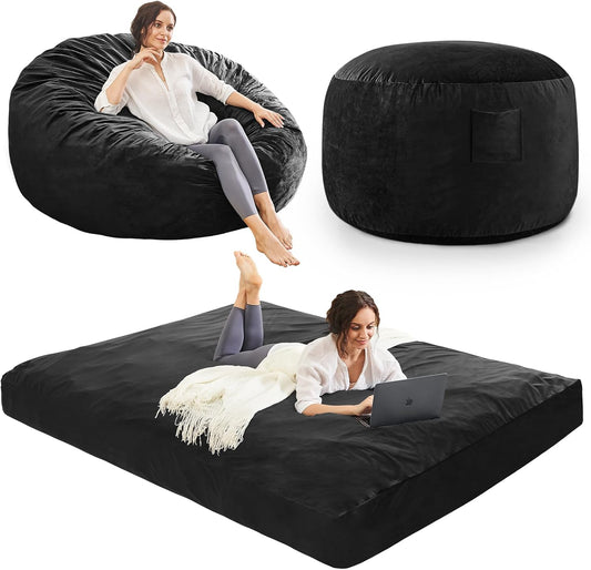 Bean Bag Chairs for Adults - Giant Bean Bag Chair Convertible Bean Bag Bed - Beanbag Chair with Micro Fiber Cover/Furniture Foam Filler - Floor Couch Sofa in Bedroom Dorm Room - Queen Carbon Black