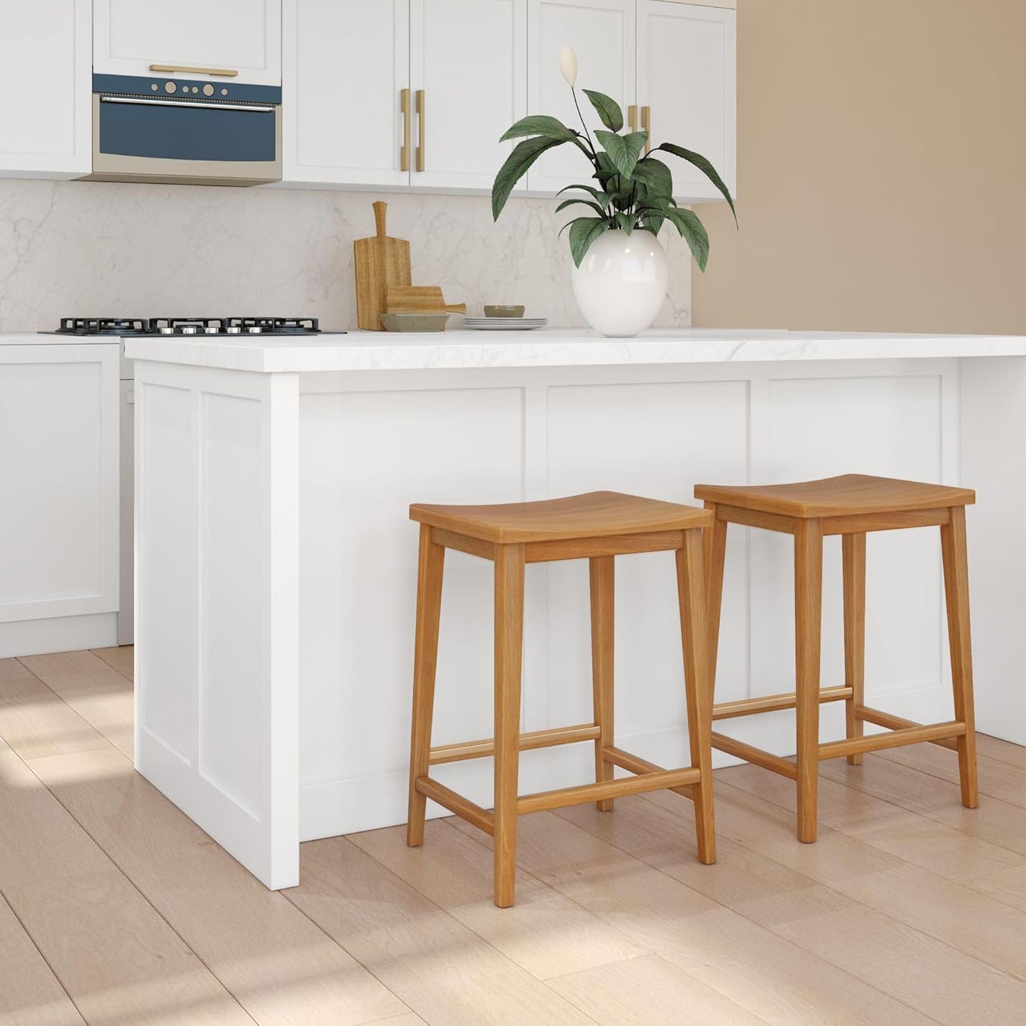 Plank+Beam Smythe Counter Stool, 24", Set of 2, Sturdy Wood Modern Kitchen Counter Height Stool, Saddle Seat Backless Counter Chair, Metal Footrest, Pecan