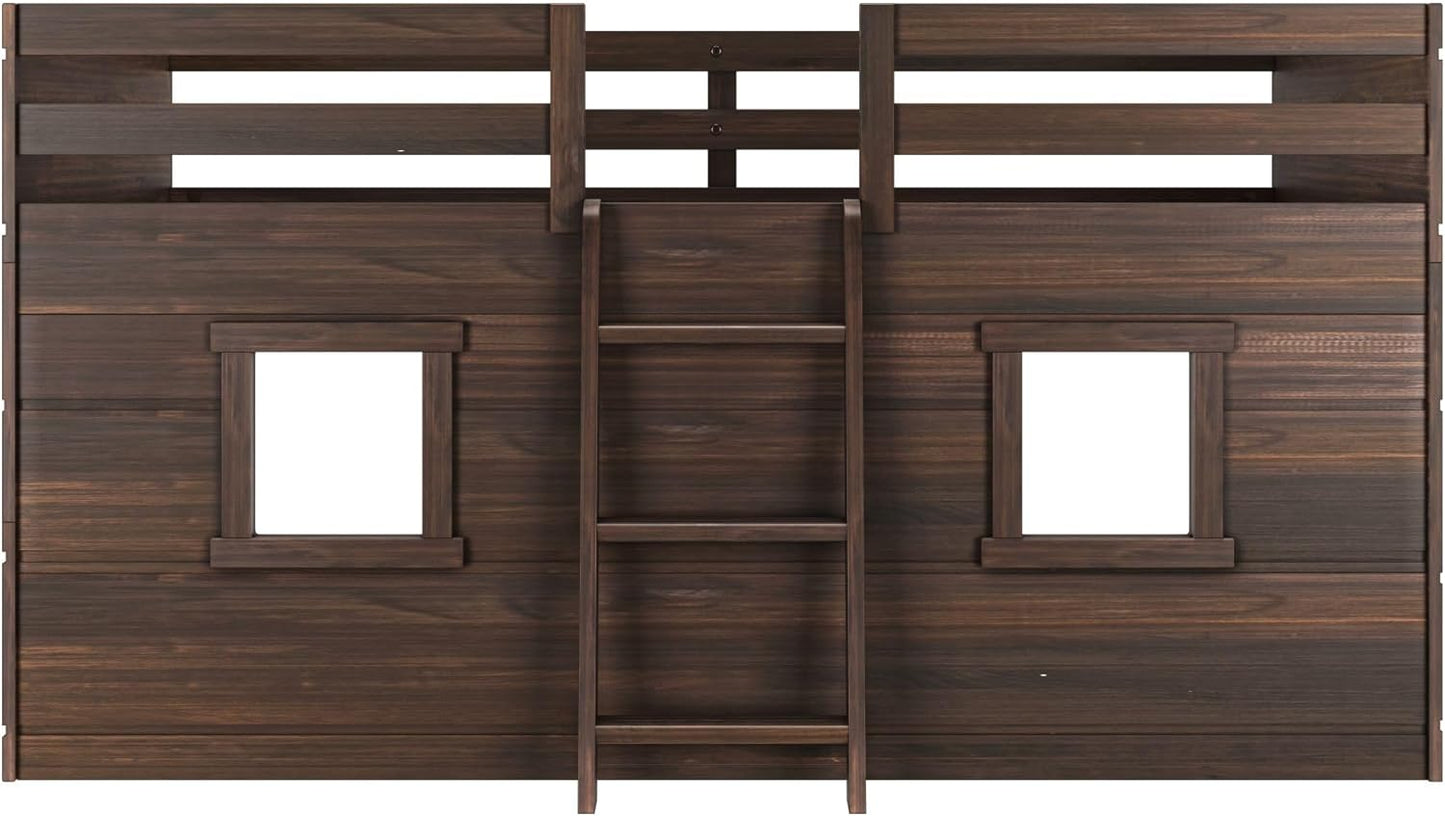 Max & Lily Modern Farmhouse Twin Low Loft Bed with Two Windows - Solid Wood, 15” Guardrails, 400-lb Capacity, Low-VOC Finish, Barnwood Brown