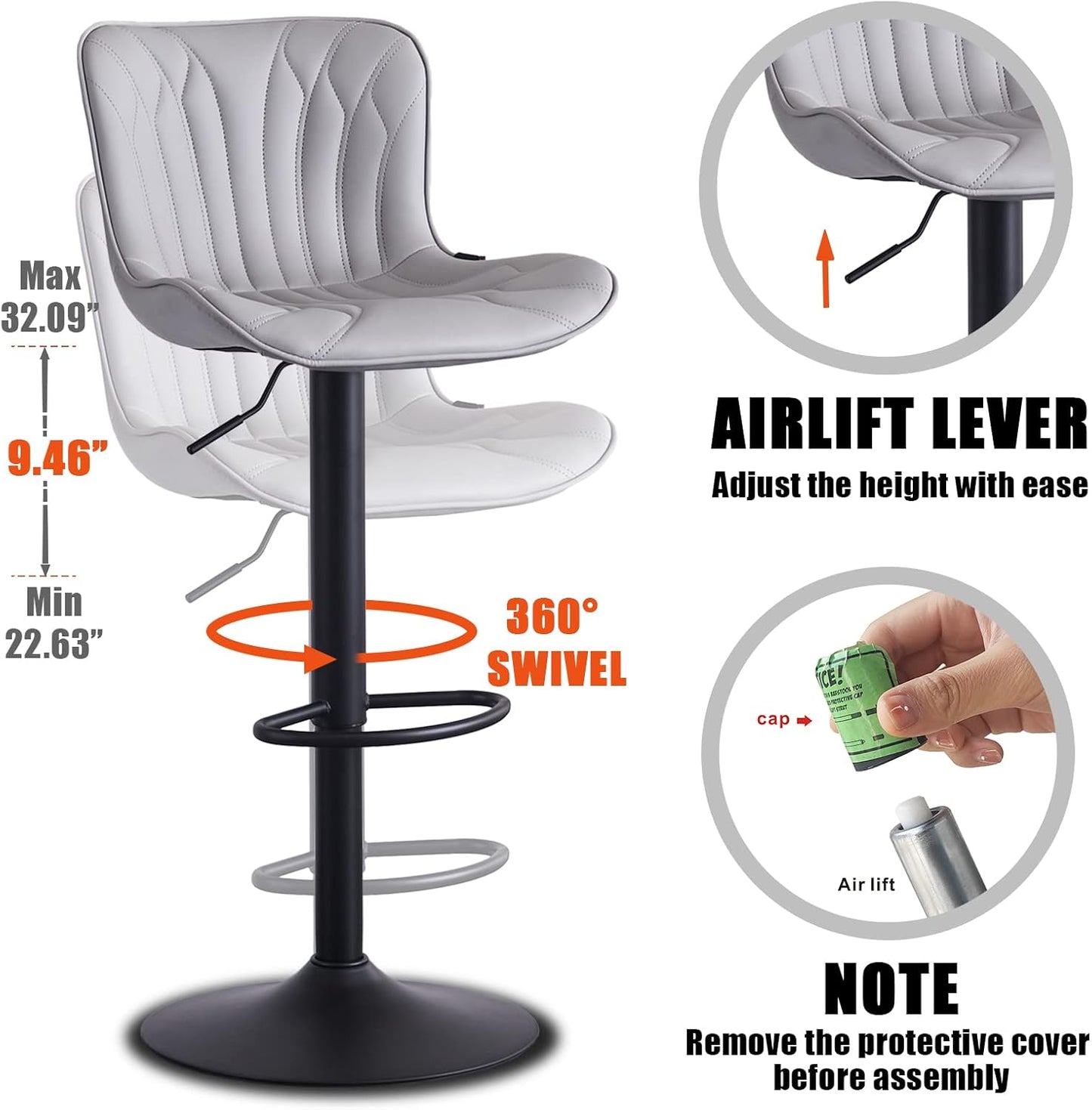 YOUNIKE Grey Bar Stools Set of 2 Modern Kitchen Counter Height Bar Chairs with Backs Faux Leather Upholstered Barstools Swivel Tall Adjustable Padded Breakfast Island Chair with Sturdy Metal Leg