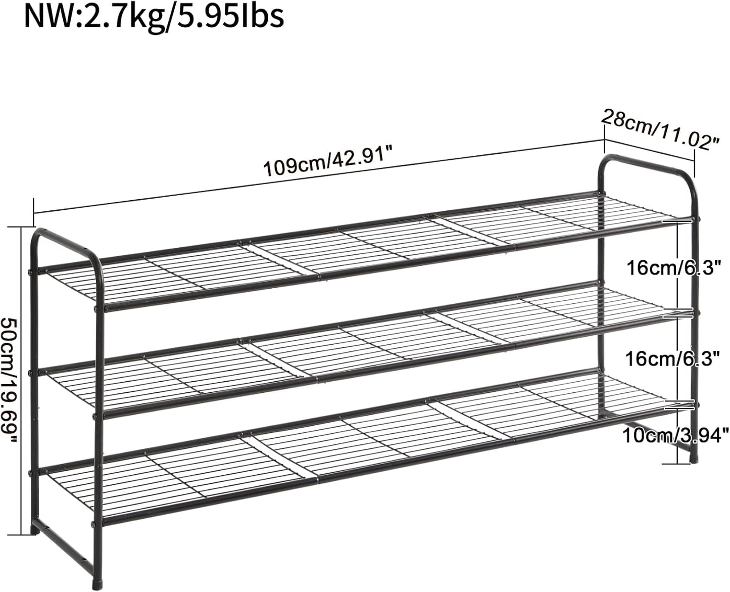 YMYNY Freestanding Shoe Racks, 3 Tiers Stackable & Adjustable Shoe Storage Shelf, Extra Large Capacity Shoe Organizer Stand for 20-24 Pairs, for Entryway, Closet, Bedroom, Black, 42.9" L, UHXJ302B