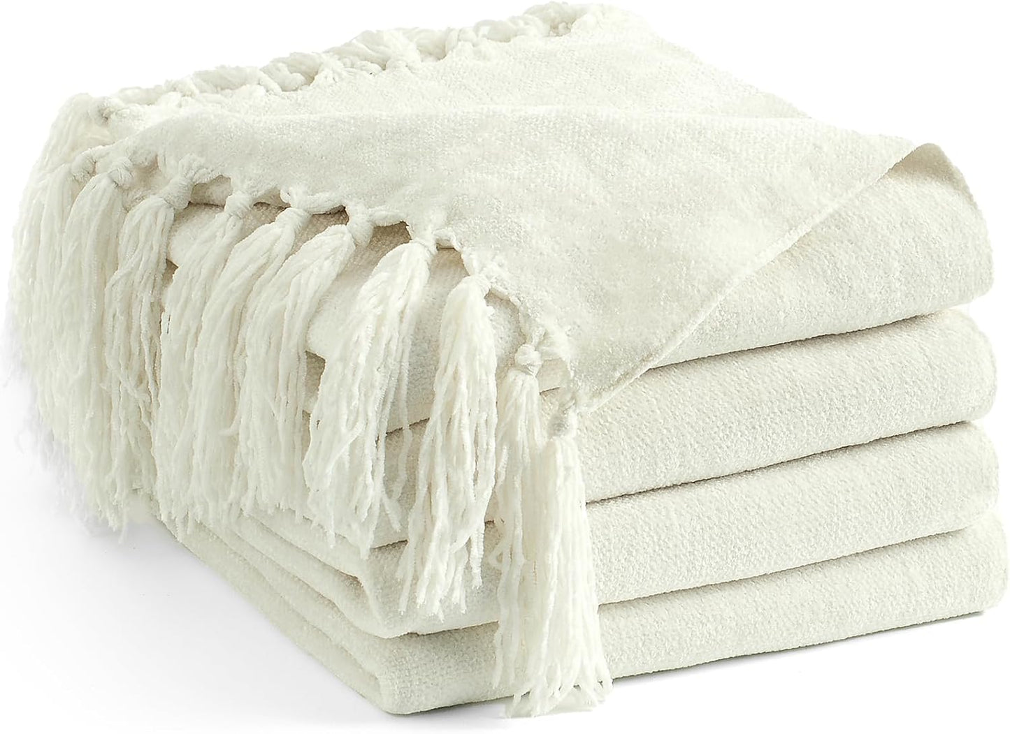 Chenille Throw Blanket for Couch 50"X 60", Soft Cozy Throws with Fringe Tassel for Bed Sofa Chair Cover, Lightweight Knitted Decorative Boho Blankets for Living Room, Ivory White