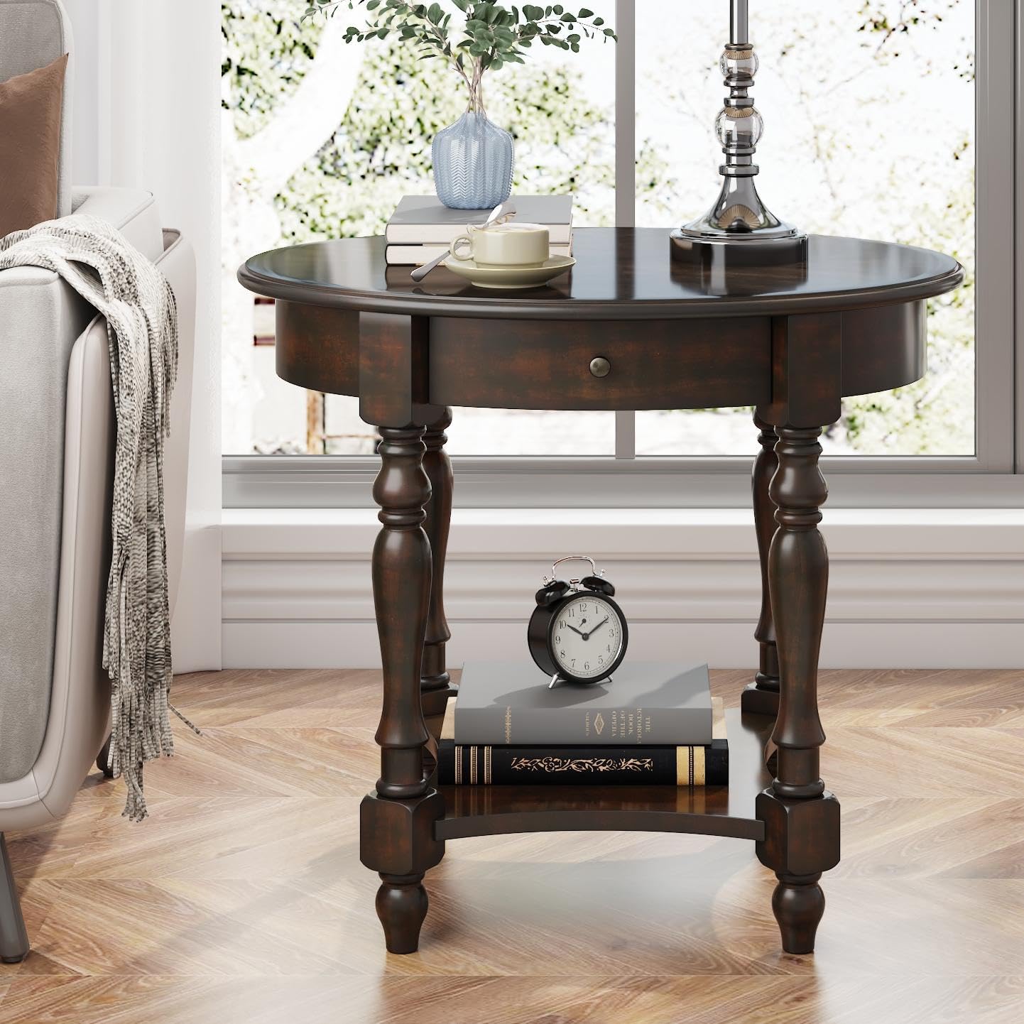 LEEMTORIG Oval Round End Table with Drawer, 2-Tier Solid Wood End Tables, Victorian Antique Nightstand Bedside Table for Bedroom Office Living Room, 28" W x 22" D x 24.2" H, Dark Walnut CJZ-2233-DC