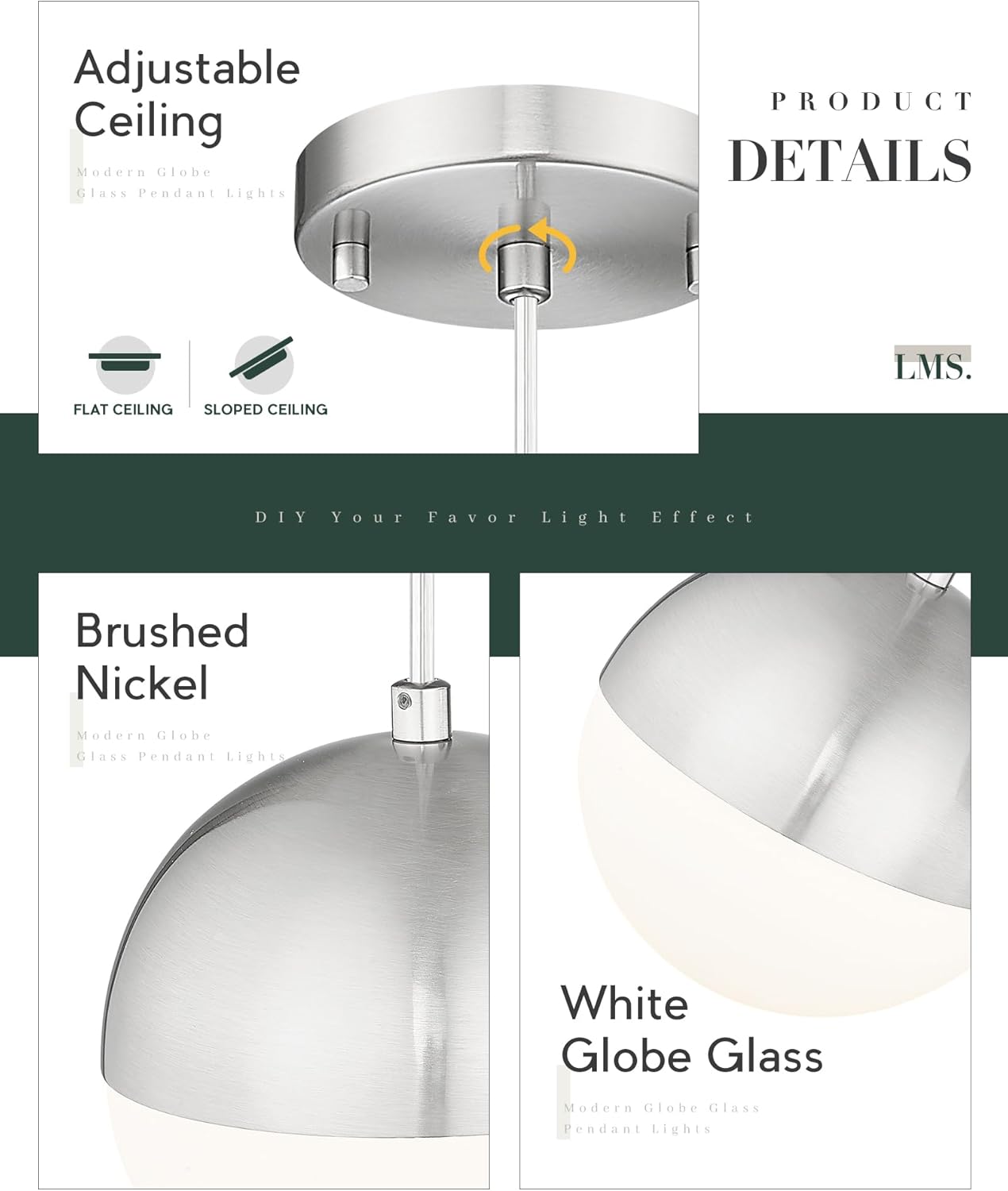 LMS Mid Century Pendant Lights, Brushed Nickel Kitchen Island Light Fixtures with White Globe Glass Shade, Adjustable Hanging Cord, 2-Pack for Home Office Dining Room Bathroom, LMS-186PL-BNWS2PK