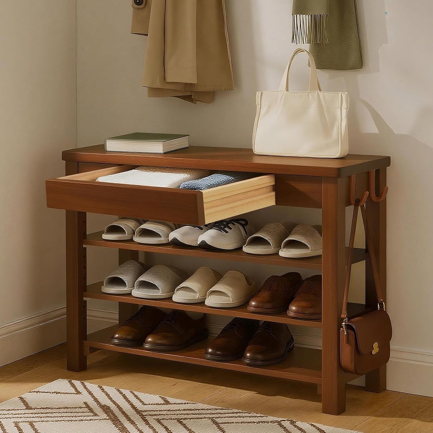 Wood Shoe Bench Entryway with Drawer: 3-Tiers Wooden Storage Shoe Rack with Bench Seat, Compact Mid-Century Modern Design for Entryway,Hallway,Closet,Front Door Entrance,Foyer Walnut 31.5"